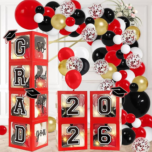 DAZONGE Graduation Decorations 2026, Set of 4 Red Grad Balloon Boxes with 139pcs Balloon Arch Garland Kit & 4 Light Strings - So Proud of You 2026 Graduation Decorations for Any Grades