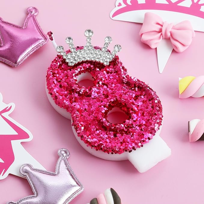 AKURIEEY Hot Pink Birthday Candles Crown Number 8 Candle Birthday Party Decorations Cake Topper Cupcake Decor for Anniversary Celebrations Supplies