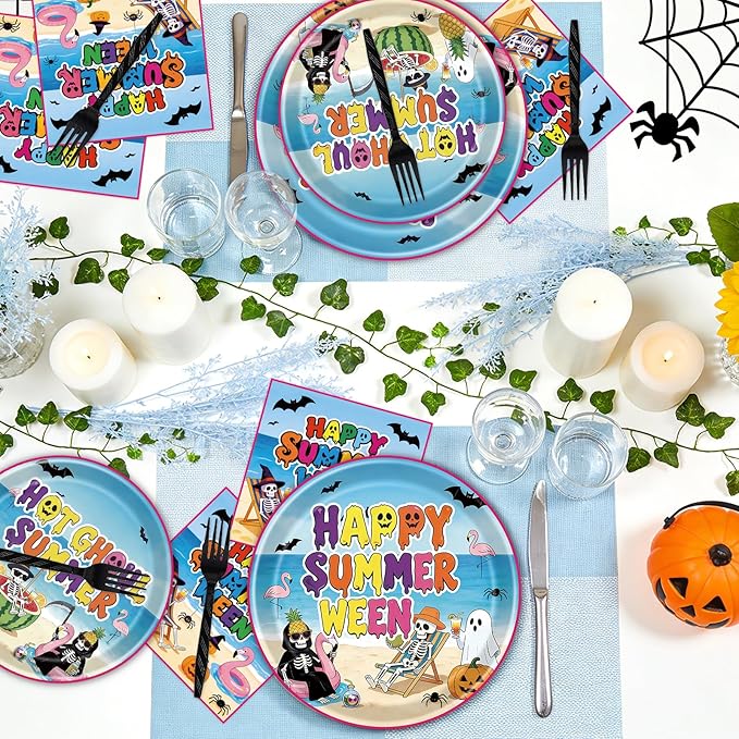 Gameza Happy Summer ween Party Decorations, 96PCS Summer Halloween Disposable Paper Plates and Napkin Decorations, Halloween in Summer Forks Decor for Hawaii Themed Hallows' Eve Ghost Supplies
