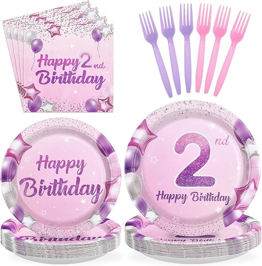 96Pcs Pink Purple 2nd Birthday Party Decorations Pastel 2nd Birthday Plates and Napkins Tableware Sets Pink Star Decorations Favors for Girls Baby Two Year Old Party Supplies Serves 24