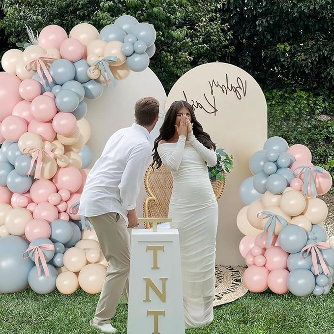Gender Reveal Balloon Arch Kit, 141Pcs Pink Blue Sand White Balloons with Bows for Boy or Girl Gender Reveal Decorations Baby Shower Boho Bachelorette Birthday Party Supplies