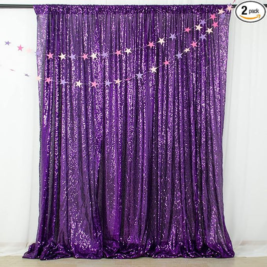 ShinyBeauty Purple 4FTx8FT Sequin Photo Backdrop Bridal Shower Photo Booth Backdrop Royal Purple Sequin Curtains 2 Panels