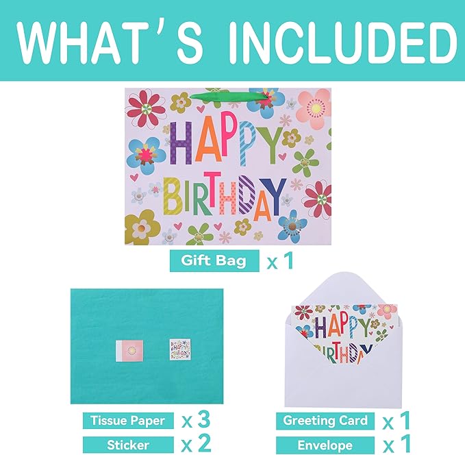 Qirrmiy 16.5” Extra Large Colorful Happy Birthday Gift Bag Set with Handles, Greeting Card, Tissue Papers and Stickers for Kids, Women, Girls, Newborn, New Moms or Parents, 1 Pcs