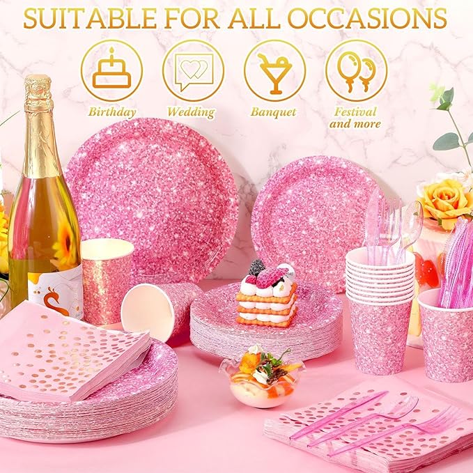 Hushee 350 Pcs Pink Holographic Print Party Supplies Guests Disposable Dinnerware Set Include Paper Plates, Napkins, Cups, Plastic Cutlery for Wedding Birthday Disco Bachelorette