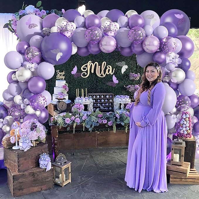 Amandir 144Pcs Purple Balloons Garland Arch Kit for Butterfly Baby Shower Decorations for Girl, 12Pcs Butterfly Stickers Lavender Purple Confetti Metallic Balloon for Birthday Wedding Party Decoration
