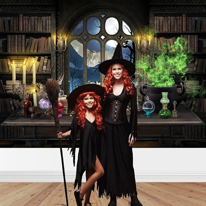 Mocsicka Wizard Magic Bookshelf Backdrop Witch Cauldron Halloween Party Decoration Magic Theme Birthday Party Banner Photo Studio Props (Brown, 10x8ft(120''x96''))