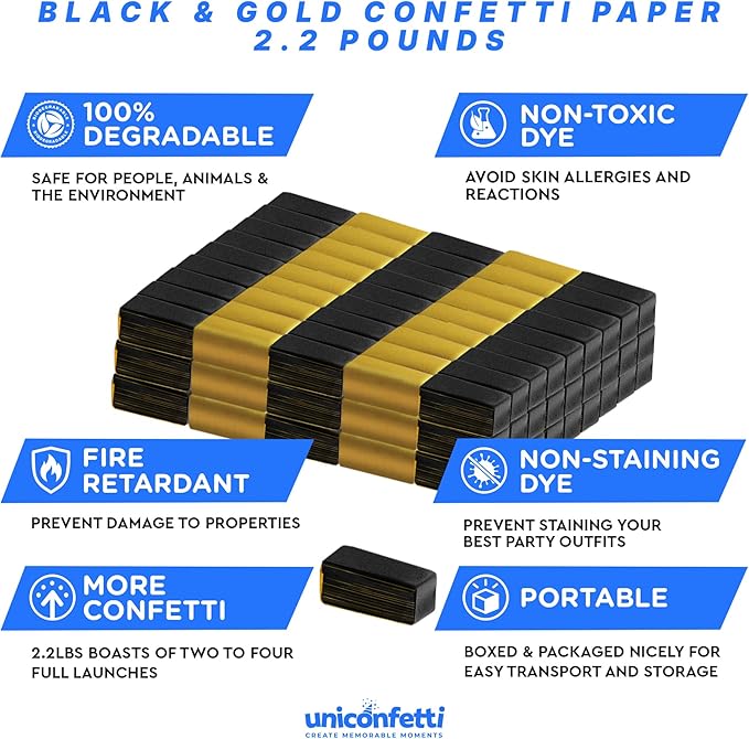 Black & Gold Bulk Confetti Paper 2.2lbs/1kg – Biodegradable Tissue Paper Confetti, Non-Staining, Fire-Resistant | Parties, Events, Graduation, Confetti Launcher Machine Refill