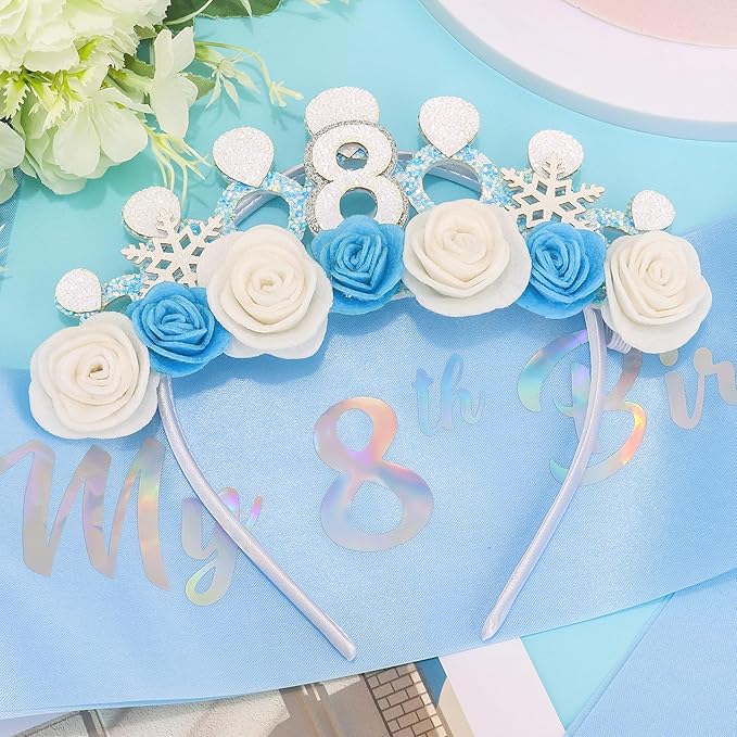 CUBACO 8th Birthday Crown Headband and Sash, 8 Year Old Girl Birthday Gifts for Blue Princess Crown, Frozen Party Decorations Favors for Girls Outfit