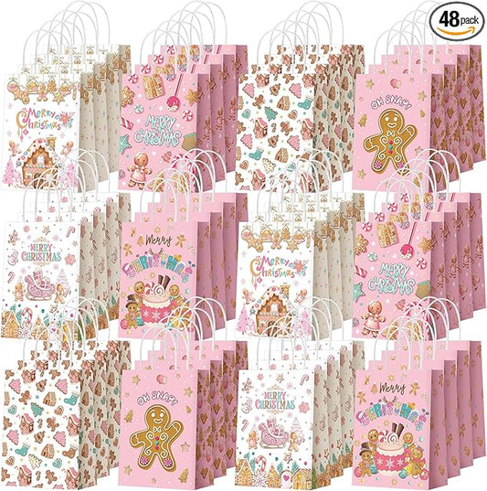 Kolldenn 48 Pcs Pink Christmas Gingerbread Party Favors Bags Christmas Goodie Gift Paper Bags with Handles Xmas Tree Gingerbread Coffee Candy Treat Bag for Xmas Party Decorations Holiday Supplies