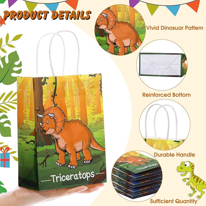 Pajean 24 Pcs Dinosaur Candy Bags with Handle, Dinosaur Party Favor Paper Bags Kids Gifts Goodie Treat Wrapping for Boys Girls Dino Theme Birthday Baby Shower Party Supplies(Cute Style)