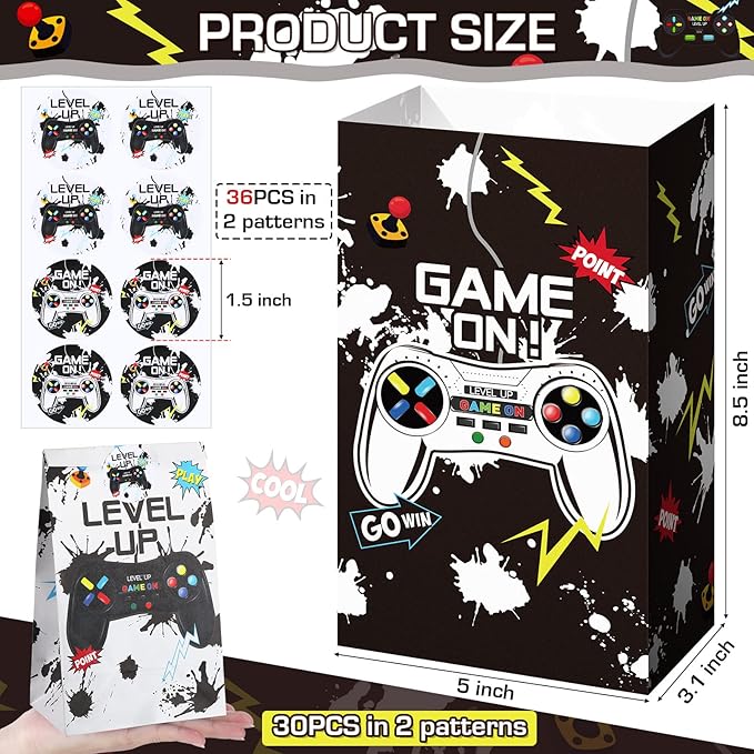 Geosar 30 Pack Video Game Party Favor Paper Bags Game on Goodie Candy Gift Bags with 30 Stickers Level up Reusable Goodie Treat Snacks Supplies for Boys Kids Gaming Birthday Party(White, Black)