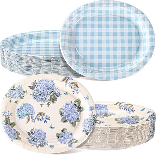 Havawish 100 Pcs Blue Hydrangea Oval Paper Plates Heavy Duty 10" x 12" Disposable Dinner Platters Large Gingham Paper Plates for Mother Day Spring Wedding Baby Showers Birthday Floral Party Supplies
