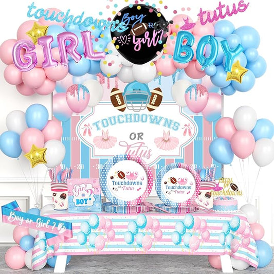 Touchdowns or Tutus Gender Reveal Decorations, Pink Blue Boy or Girl Party Supplies Backdrop Banner Balloon Garland Tablecloth Cake Topper Plate Napkin Cup Straw Knife Spoon Fork Sash 230 PCs
