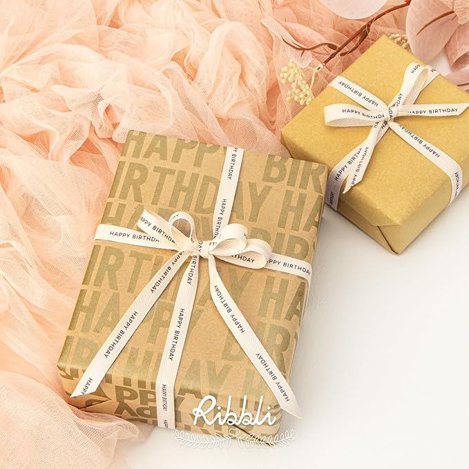Ribbli Birthday Cotton Ribbon Natural Twill Tape Cotton with Black Happy Birthday Farmhouse Ribbon Use for Gift Wrapping Baking Crafts Home Decor-5/8 Inch x 10 Yard