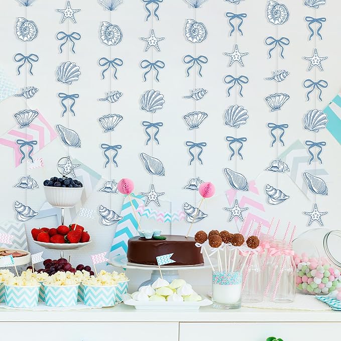 TaoBary 8 Pack Blue Bow Starfish and Seashell Garland 6.56 ft Ocean Coastal Nautical Paper Hanging Decorations Pre Strung Banner for Under the Sea Beach Wedding Mermaid Birthday Party Decorations