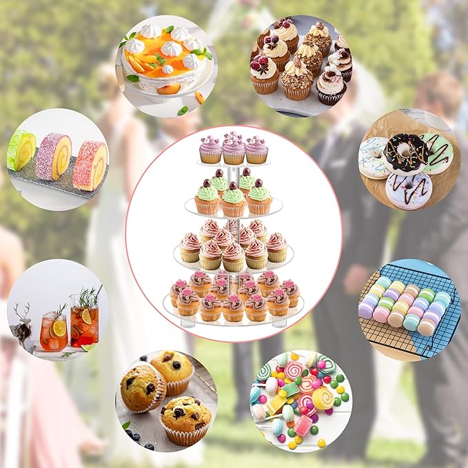 YestBuy 4 Tier Round Acrylic Cupcake Stand with Base, Premium Cupcake Holder, Acrylic Cupcake Tower Display Cady Bar Party Décor – Display for Pastry (4" Between 2 Layers with Base)