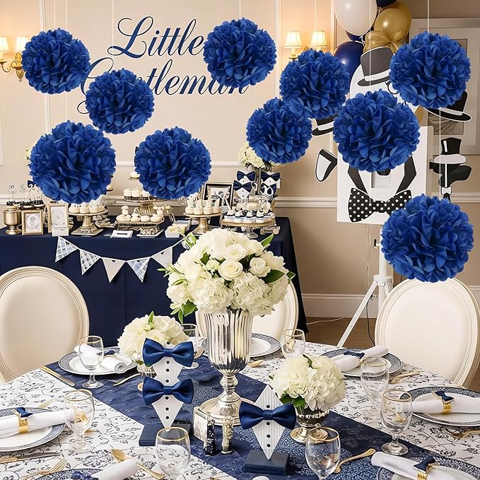 10 Pcs Paper Pom Poms Flowers for Wedding, Birthday Party, Baby Shower, Nursery Decor, Bachelorette Party Hanging Decor, Easy Joy (10 inch, Navy Blue)