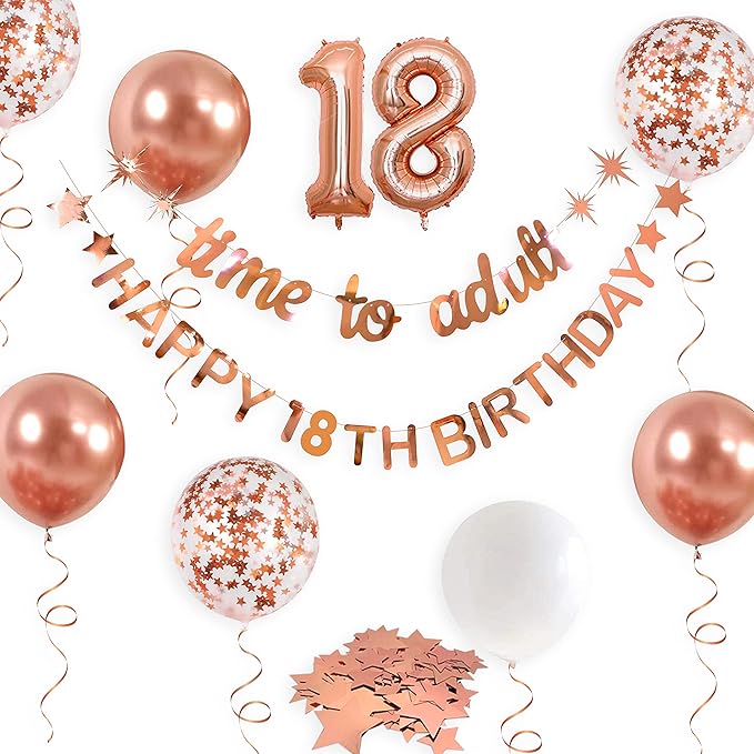 Rose Gold Time to Adult Happy 18th Birthday Banner Garland Foil Balloon 18 for 18th Birthday Decorations Hanging Eighteen Year Old Birthday Party Decor for Men Boys Girls 18 Birthday Party Supplies