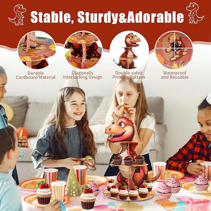 Dinosaur Cupcake Stand, 3 Tire Cupcake Stand Holder Dinosaur Themed Cup Cake Display Stand Dessert Tower Tiered Tray Stand for Kids Dinosaur Jungle Party Birthday Supplies (Dinosaur-1pcs)