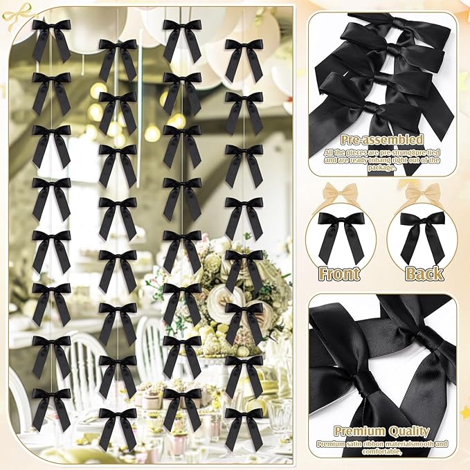 Taobary 8 Pcs 6.6 ft Bow Garland, Satin Ribbon Bow Banner Coquette Hanging Ornament for Photo Backdrop Birthday Party Wedding Bridal Baby Shower Wall Decorations(Black,1 Inch)