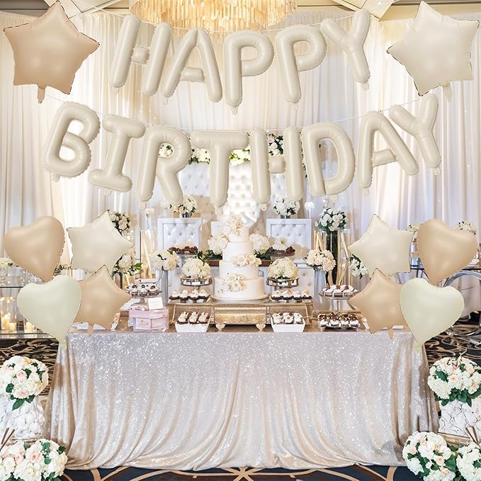 Happy Birthday Balloon Banner Cream, 16 Inch Beige Mylar Foil Letter Balloons, Boho Neutral Birthday Decorations with 10 Pcs Ivory Caramel Brown Foil Balloon, Inflatable Party Supplies for Women Girl