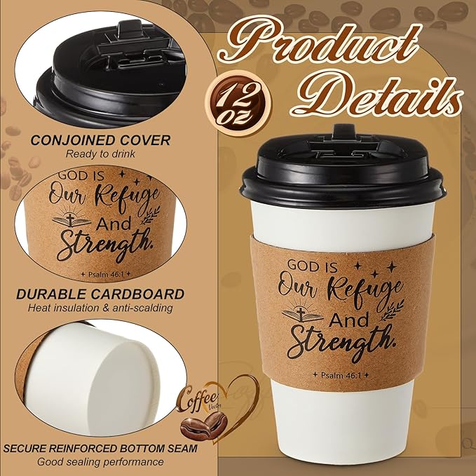 Jingmore 100 Set 12oz Christian Coffee Cups with Lids and Sleeves Disposable Bible Verse Paper Hot Cups for Religious Party Favors Sunday School Church Baptism