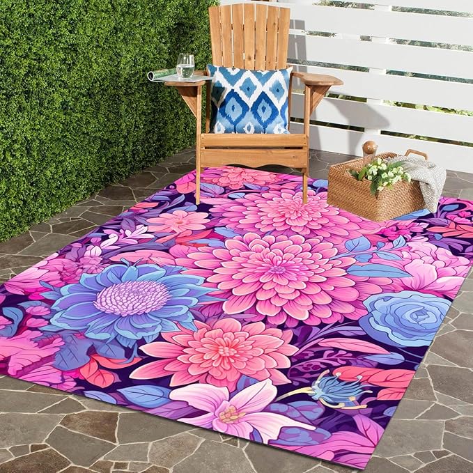 Vibrant Floral Outdoor Rug Modern Flower Texture Rugs for Patio Deck Porch Balcony Waterproof Non Slip Camping Garden Large Outside Carpet Easy Clean Machine Washable Pool Mat Pink Purple 7x12