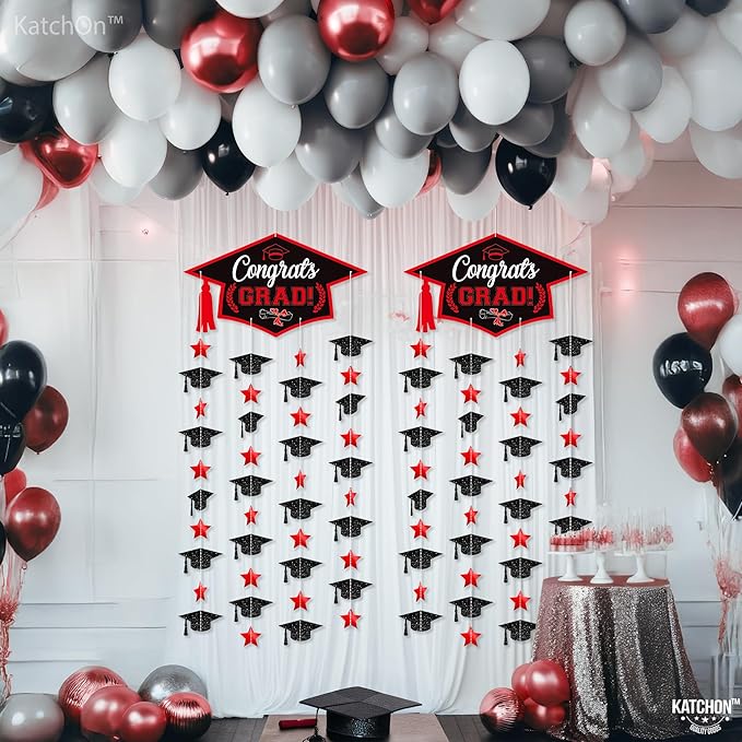 Graduation Decorations 2026, Black and Red Cap Garland - Pack of 2, No DIY | Congrats Grad Garlands for Wall Decor | Cap Garland for Graduation Party Decorations, 2026 Graduation Decoration, KatchOn