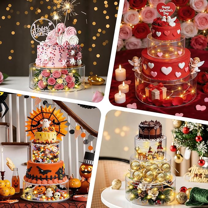 SAMYUCHO 2 Pcs Acrylic Cake Stand 6" Dx4 H 10" Dx4 H with Led Lights for Party Wedding Cake Stand Clear Cake Cupcake Display Stand Centerpiece Tier Floating Cup Cake Supports Stands for Stacking