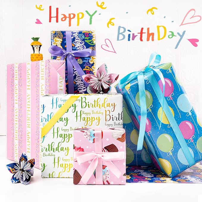 Larcenciel Birthday Wrapping Paper Set - 5 Sheets and 5 Silk Ribbons, Colorful Cupcake Balloon Gift Wrapping Paper, Glossy Coated Gift Wrap for All Girls Boys Women Men Birthdays Party (27.5x19.6inch)