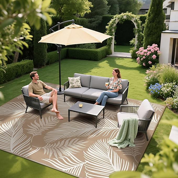 Pauwer Waterproof Outdoor Rug 8x10, Reversible Plastic Straw Patio Camping Rug, Indoor Outdoor RV Mat Carpet for Deck, Camper, Porch, Balcony, Backyard, Picnic, Leaf Brown