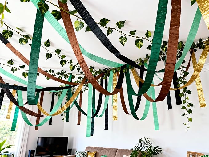 Green Jungle Backdrop Crepe Paper Streamers 492ft Birthday Fringe Party Curtain for Banner, Party Group Photo Background for Camp, Jungle Safari, Big Foot, Woodland Theme
