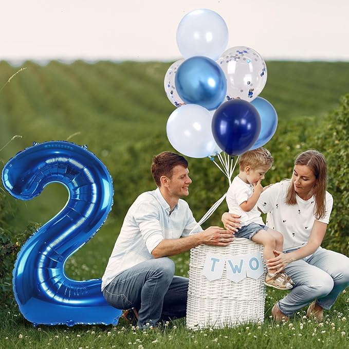 Foil Number Balloons - 2nd Birthday, Pastel Helium Balloons, 40 inch, Navy, Dark Blue, Silver Confetti, Self Inflating, Big Two, Boys' Birthday Party Decor