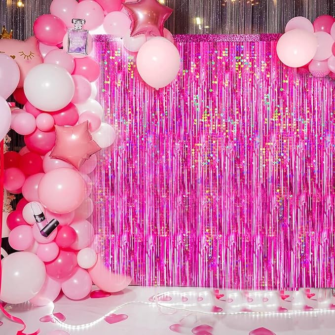 4 Packs Hot Pink Foil Fringe Curtain, Pink Glitter Metallic Tinsel Backdrop for Birthday, Wedding, Baby Shower, Bachelorette Cowgirl Princess Party Decorations Supplies