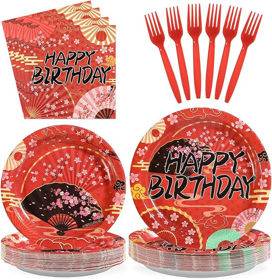 Grencian 96 Pcs Hibachi Party Decorations Folding Fans Birthday Party Supplies Japanese Cherry Blossom Tableware Set for Hibachi Japanese Summer Picnic Birthday Serves 24