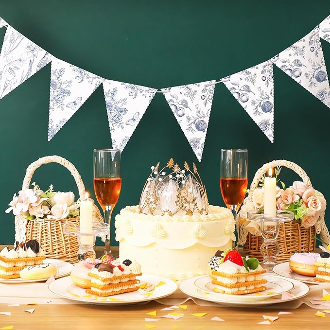 5 Pieces Blue White Vintage Floral Paper Pennant Garland Wedding Garland Triangle Banner for Wedding Bridal Shower Outdoor Decoration