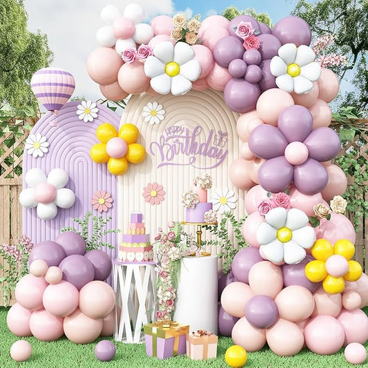 Daisy Balloon Garland Arch Kit,Retro Purple Yellow Pink Hippie Boho Balloons Garland Daisy Flower Balloons For Birthday Baby Shower Bridal Wedding Groovy Daisy Party Decorations