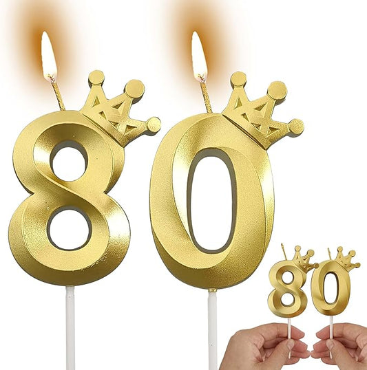 The Number 80 Gold Birthday Candles for Cake is Beautiful Number Candles for 80th Birthday Decorations for Man and Women(Gold-80, Crown)