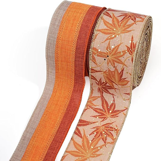 LaRibbons Fall Burlap Ribbon Wired 2 1/2" x 10 Yards 2 Rolls, Maple Leave Striped Ribbon for Autumn Wreath Thanksgiving Farm Gift Wrapping Home Decor
