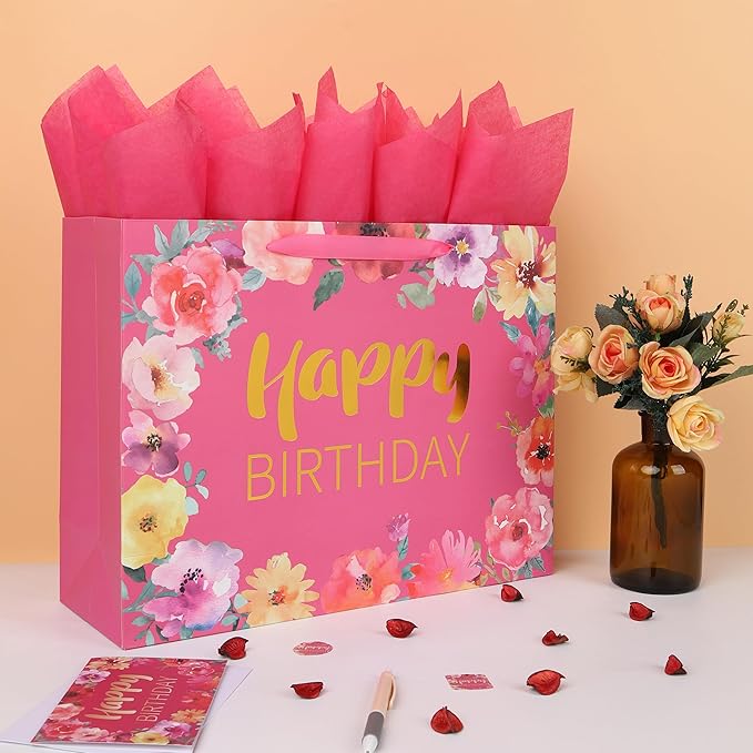 Qirrmiy 16.5'' Extra Large Happy Birthday Gift Bag Set with Handles, Greeting Card, Tissue Papers and Stickers for Women Girls, Gold Foil Happy Birthday & Floral Design, 1 Pcs