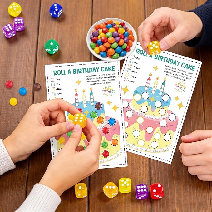 Auch Roll a Birthday Cake Dice Game Set, 30 Transparent Color Dice & 25 Game Sheets, Fun Birthday Party Activity, Icebreaker, Group Game for Birthday Celebrations, Family Gathering Party Supplies
