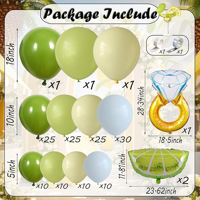 Margs and Matrimony Bachelorette Balloon Garland Arch Kit, 154Pcs Dusty Green and Yellow Lemonade Martini Balloons for Bridal Shower Last Single Celebration Wedding Birthday Party Decorations