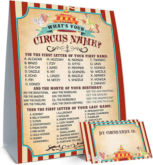 Circus Birthday Decorations, What's Your Circus Name, 1 Sign and 30 Name Stickers, Birthday for Adult Parties,Holiday Activity,supplies for Carnival Party Class Graduation Birthday