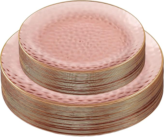 PLASTICPRO 64 Piece Combo Plates Set includes 32-7'' inch Plates & 32-10'' inch Dishes Rose Hammered Plastic PartyPlates Premium heavyweight Elegant, Disposable, Tableware, Dishes,
