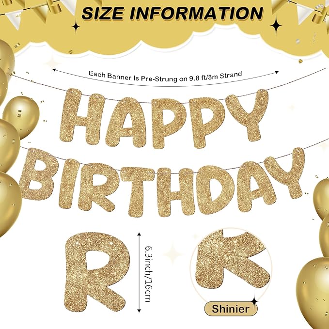Fulmoon Glitter Pre Strung Happy Birthday Banner No DIY Party Decorations Happy Birthday Sign Decor for Men Women Boy Girls Backdrop(Champagne Gold)