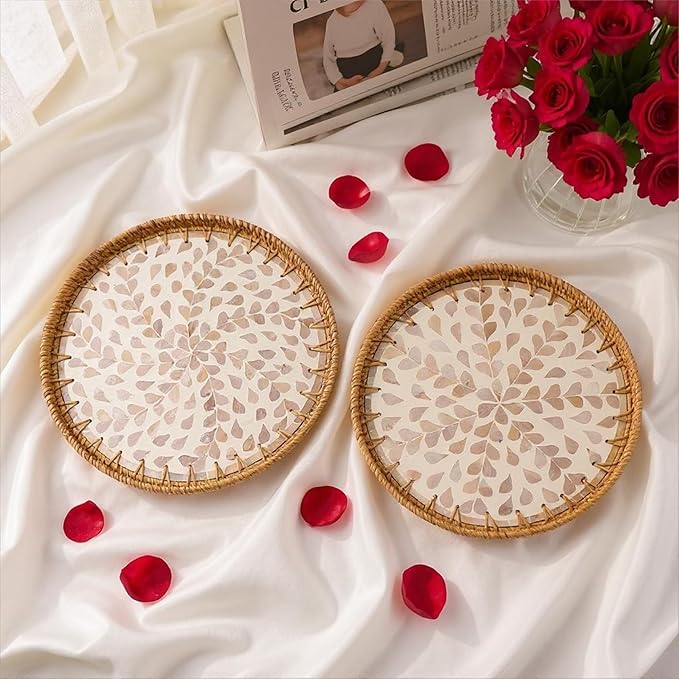 Round Rattan Tray with Mother of Pearl Inlay, Handwoven Wicker Coffee Table Serving Basket Tray for Fruit Snack Party Picnic Cafe Bedroom Kitchen Home Decor Set of 2 (Apricot Willow)