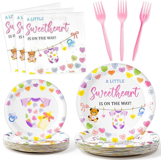 A Little Sweetheart Is On The Way Baby Shower Party Plates Supplies - Serves 24-96Pcs Conversation Heart Tableware Decoration Disposable Paper Plates Napkin Fork for Birthday