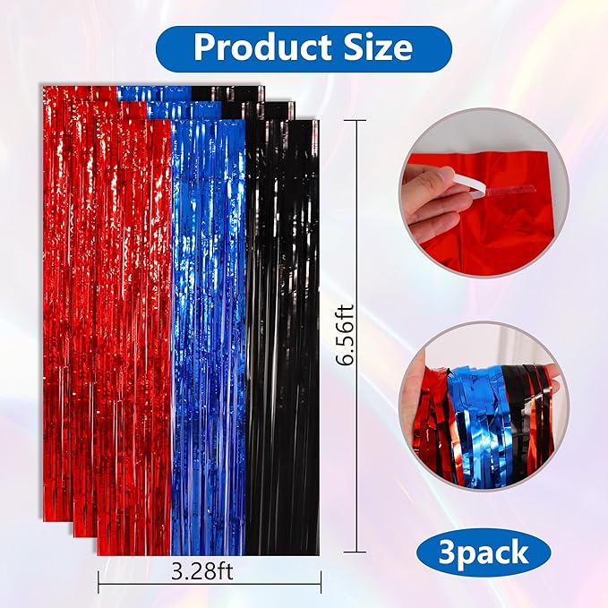 BEISHIDA 3Pcs Red Blue Black Door Streamers Backdrop Foil Fringe Tinsel Curtains Backdrops for Spider Theme Birthday Party Supplies (3.28 ft x 6.56 ft)