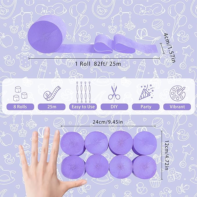 8 Rolls Crepe Paper Streamers, Light Purple Streamers Party Decorations for Baby Shower Bridal Shower Wedding Lavender Party Birthday Graduation