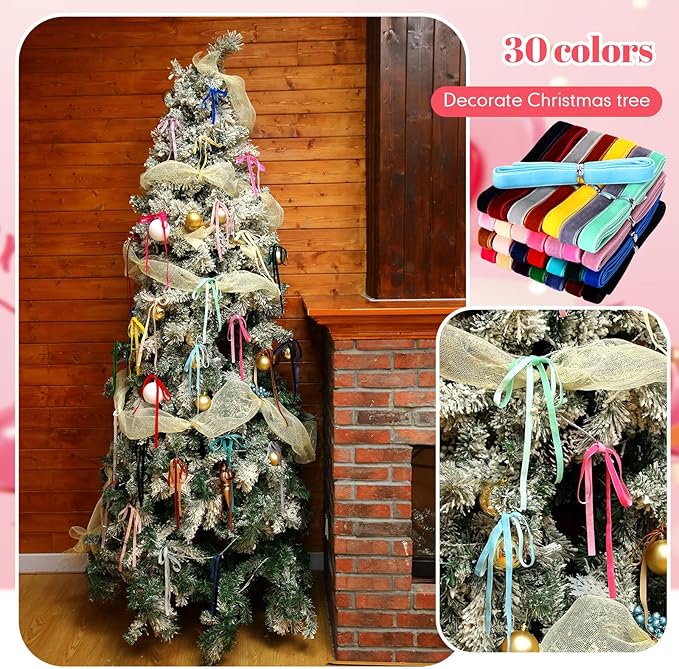 Syhood 30 Yards 3/8" Velvet Ribbon Assorted Colors Bulk for Gift Wrapping Craft DIY Hair Bow Tree Wreath Bows Door Garland Wedding Decor